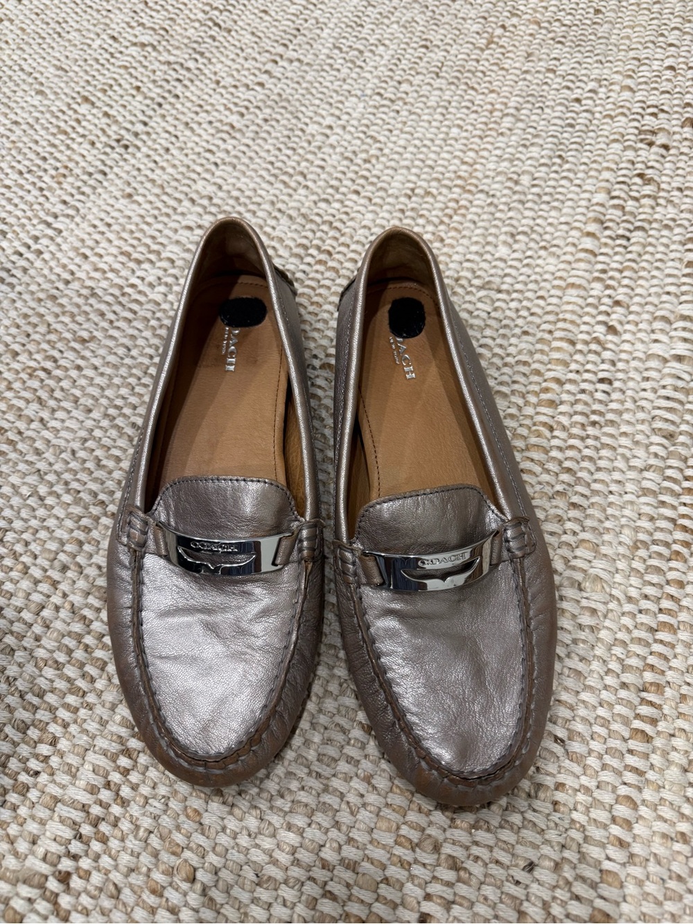 Coach Metallic Taupe Leather Moccasin Flats